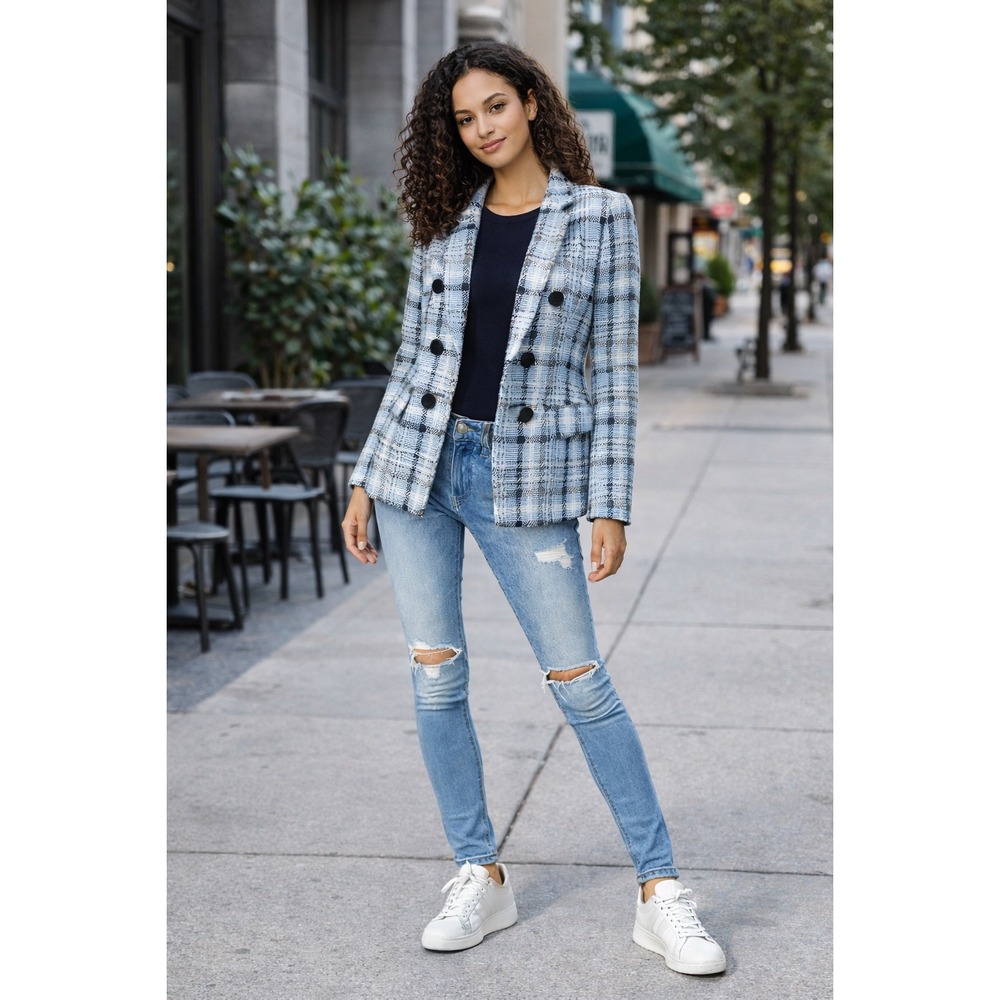 Jones New York Plaid Double Breasted Blazer Light Blue Black White Jacket PL